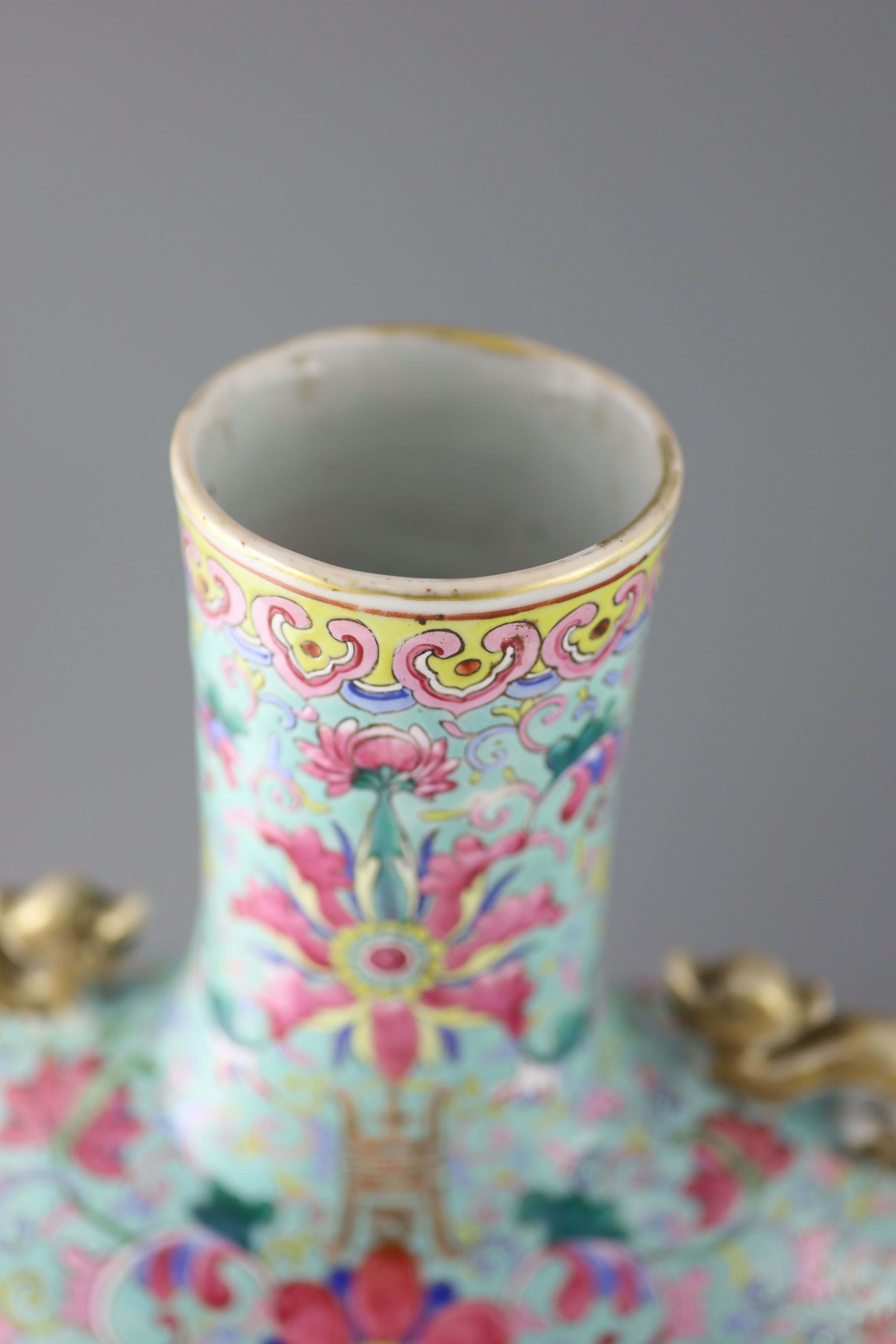 A pair of large Chinese turquoise ground famille rose moon flasks, Tongzhi seal mark and of the period (1862-74), 51cm high, Provenance